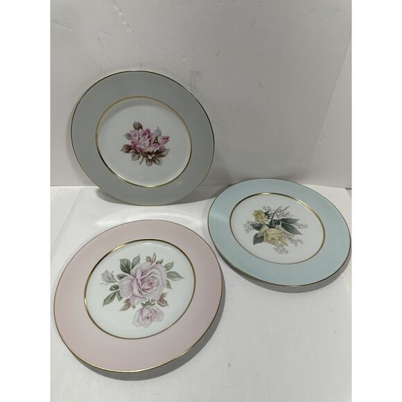 Set Of 3 Noritake Japan Dinner 11” Plate Flowers Pink Blue Gray Floral Lot